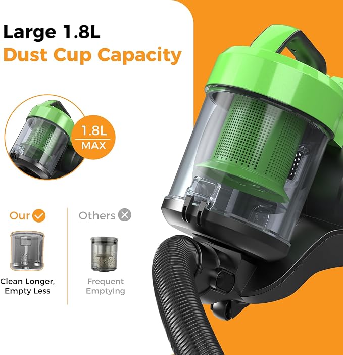 NEWBULIG Canister Vacuum Cleaners for Home, Strong Suction Bagless Vacuum Cleaner, 850W 16Kpa for Hard Floor and Carpet, Retractable Cord,1.8L Large Dust Cup