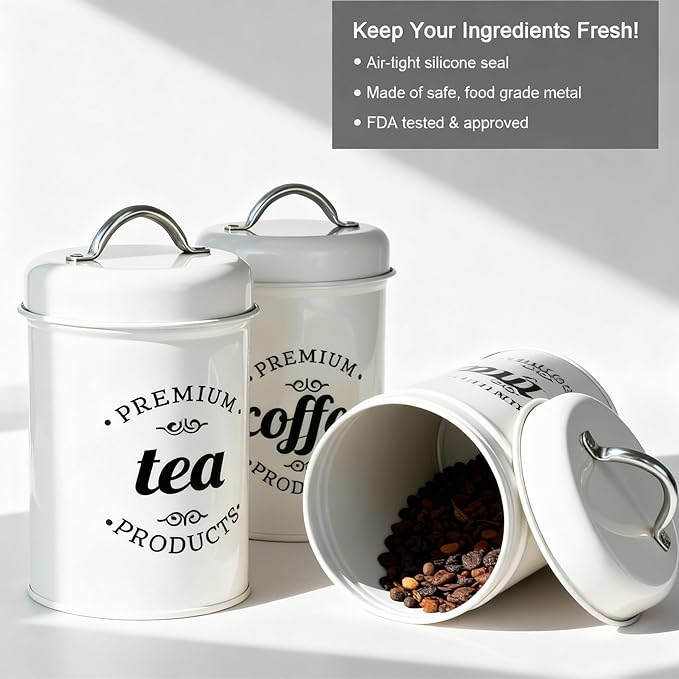 3 Piece Food Jars Canisters Sets, Airtight Coffee Container, Tea Organizer, And Sugar Canister, Rustic Farmhouse Decor for Kitchen Countertop (White)