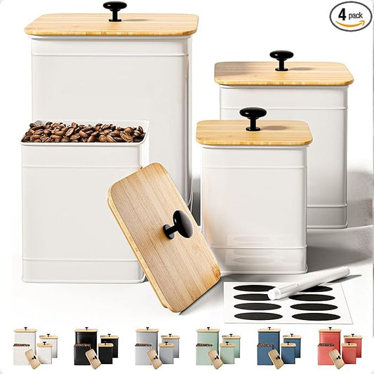 Kitchen Canisters for Countertop Set of 4 with Customizable Chalkboard Labels & Marker Pen - Big Iron Kitchen Canisters with Airtight Lids - Canisters Sets for the Kitchen - White Kitchen Canister Set