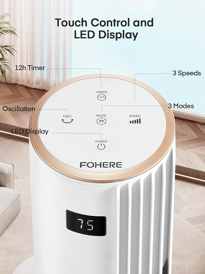 Tower Fan for Bedroom, Quiet Oscillating Floor Fans with 70°, Remote Control, 3 Modes, 3 Speeds, 12H Timer, 30" Bladeless Standing Fan for Home, Office, Living Room, White
