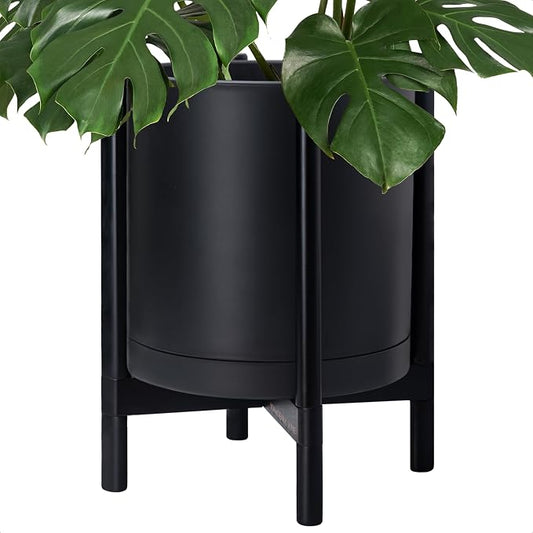 D'vine Dev Plastic Pot with Ebony Wood Stand, Black, 16 in, 55-C-Z-2 | Mid-Century Inspired Design, Elevated Plant Display, Clean Lines, Sturdy Support, Modern Space-Saving Style