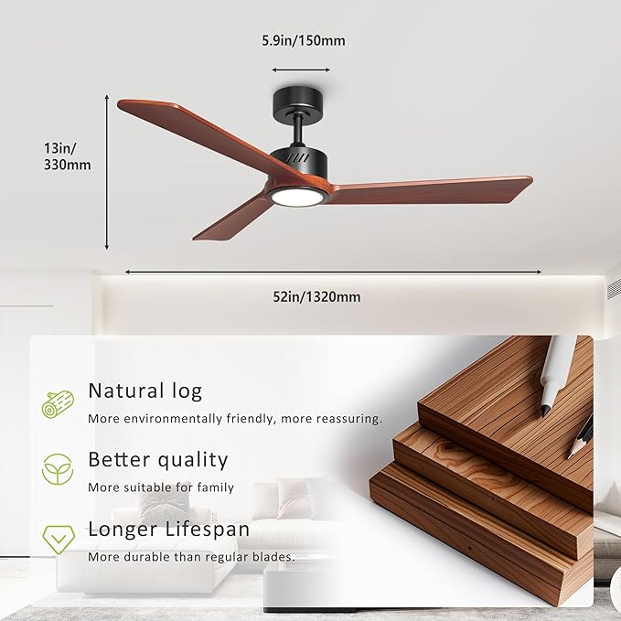 DAMINY Natural Solid Wood 52 inch Ceiling Fan with Light,3 Blade,6CCT,Black Low Profile Ceiling Fan with Light and Remote Control