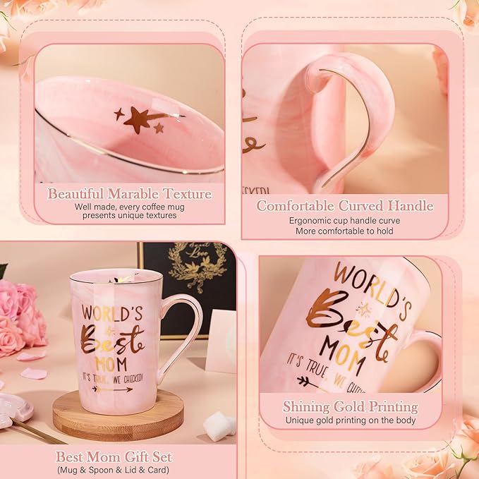 Mothers Day Birthday Gifts for Mom from Daughter Son - 14Oz Funny Best Mom Mug with Gold Print, Unique Pink Marble Coffee Cup with Lid Spoon Greeting Card, Happy Moms Gifts Idea, Luxury Gift Boxed Set