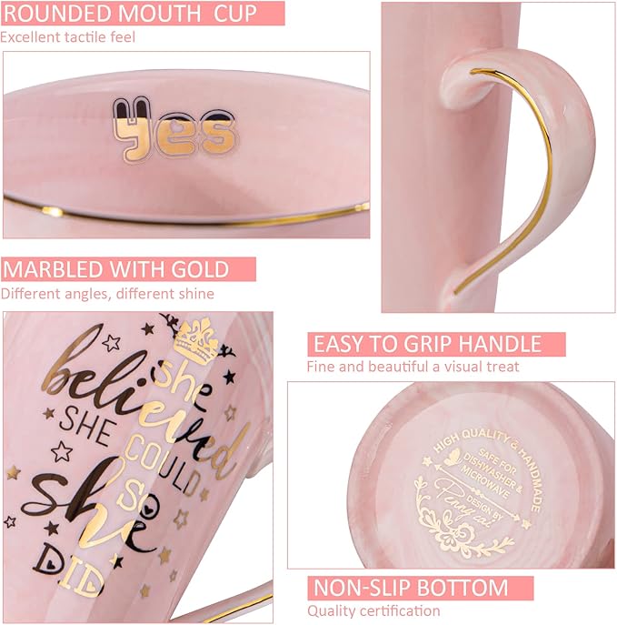 Graduation Gifts for Her 2026 - She Believed She Could So She Did Mug - Valentines Spiritual Motivational Congratulations Gifts for Women, 14oz Pink Ceramic Marble Gold Print Coffee Cup, Nicely Boxed