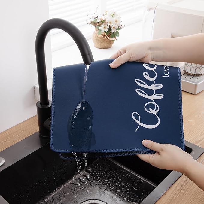 SHACOS Coffee Mat 2 Pack 12x19 Inch Absorbent Non Slip Rubber Bar Accessories Coffee Maker Mat for Countertop Dish Drying Mat Heat Resistant, Dark Blue