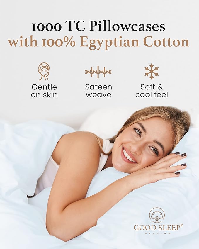1000 TC Light Blue King Pillowcases Set of 4 100% Egyptian Cotton Pillow Cases with Long Staple Cotton & Sateen Weave, Silky Soft Hotel - Like Bed Pillow Covers for Comfy Sleeping, Snug Fit