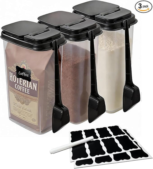 3-Pack 1500ml (51 oz) Airtight Food Storage Containers with Scoop, Soft-White Translucent Design Canisters for Coffee, Tea, Sugar, Flour & Cereal | Includes Marker & Labels