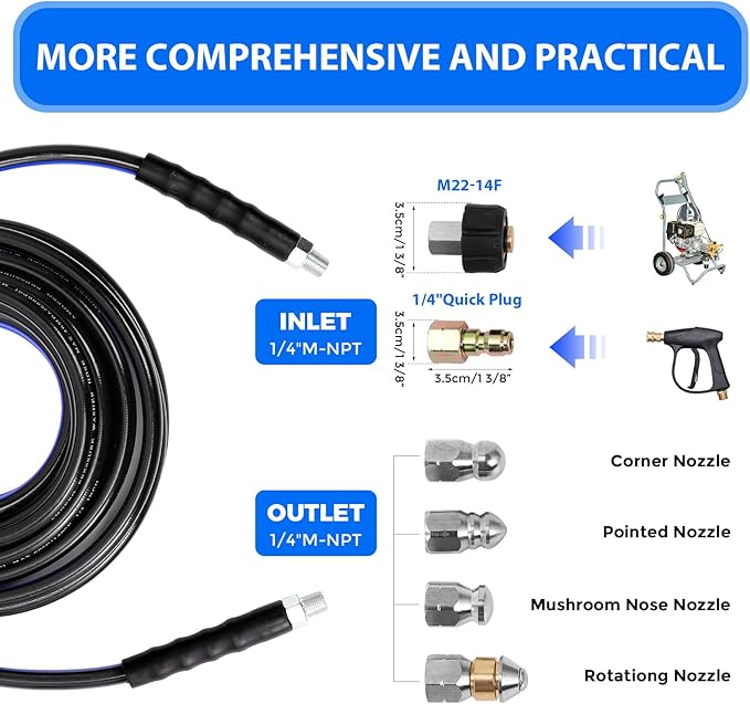 Sewer Jetter Kit for Pressure Washer, 5800PSI Drain Cleaner Hose 1/4 Inch NPT Corner Rotating and Button Nose Sewer Jetting Nozzle Spanner Watertight Tape Pearl Corsage Pin Handle Strap (100FT)