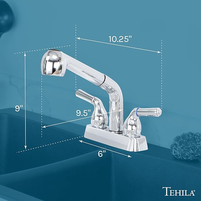 JS Jackson Supplies Dual Handle Pull Out Faucet, Chrome Finish, 4 Inch Center Set, Universal Utility Sink or Laundry Tub ABS Plastic Faucet with Spray Setting