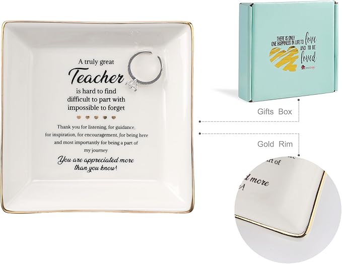 HOME SMILE Teacher Appreciation Gifts for Women Ring Jewelry Dish,Thank You Graduation Retirement Gifts for Teachers Women