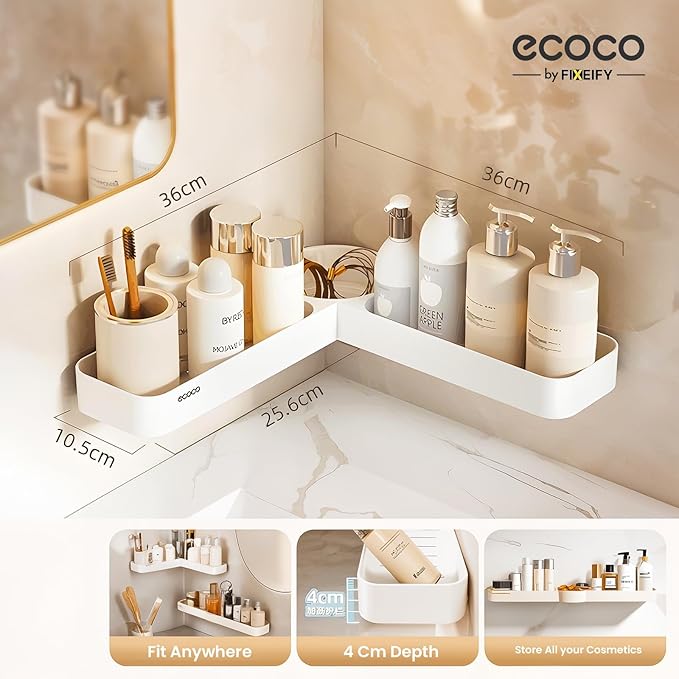 Self-Adhesive Bathroom Shelf Rack, No Drill Waterproof Wall Mount Organizer with 90° & 180° Rotation for Bathroom, Kitchen, and Corner Storage, White (Pack of 1)