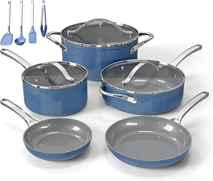 Bakken 12-Piece Aluminum Cookware Set with Ceramic Nonstick Coating, PTFE & PFAS Free, All Stovetop Safe Up To 500°F, Pots and Pans Set with Lids, Silicone Utensils Included, Dishwasher Safe, Blue