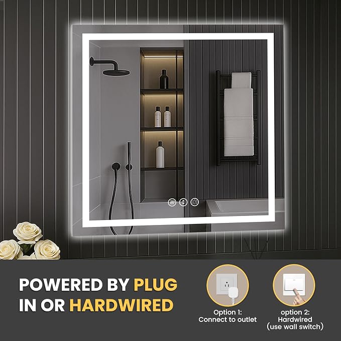 LOAAO 30"X30" LED Bathroom Mirror with Lights, Anti-Fog, Dimmable, Backlit + Front Lit, Lighted Bathroom Vanity Mirror for Wall, Memory Function, Tempered Glass, Safe to Use, ETL Listed