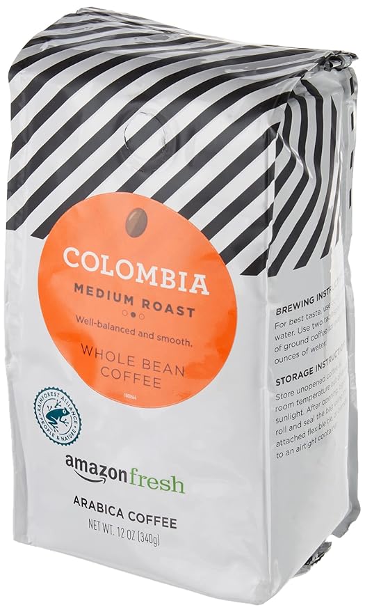 Amazon Fresh Colombia Whole Bean Coffee, Medium Roast, 12 Ounce (Pack of 2)