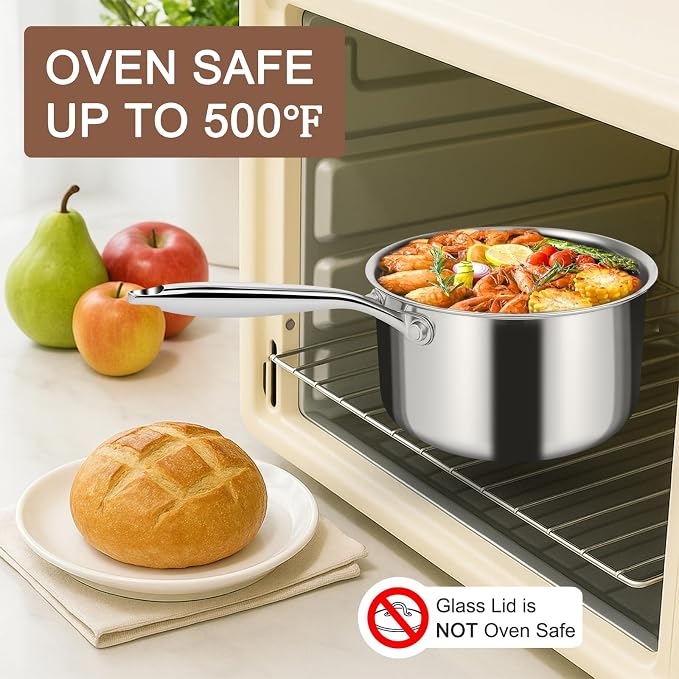 EWFEN 3 Ply Stainless Steel Sauce Pan Set with Lids, 1 & 2 Quart Multipurpose Cooking Pot, Stay-Cool Handle, Induction Oven Dishwasher Safe, 1QT & 2QT