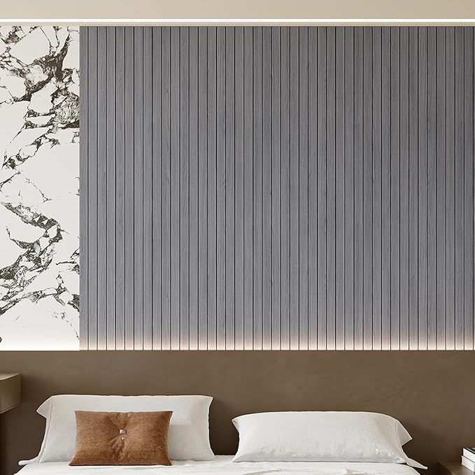 Yutianli PVC Slat Wall Panel Peel and Stick 236"x 15.7" Faux Wood Slat Panel Artificial Oak Wood Grain Self-Adhesive Soundproof 3D Wall Panel for Walls and Ceilings