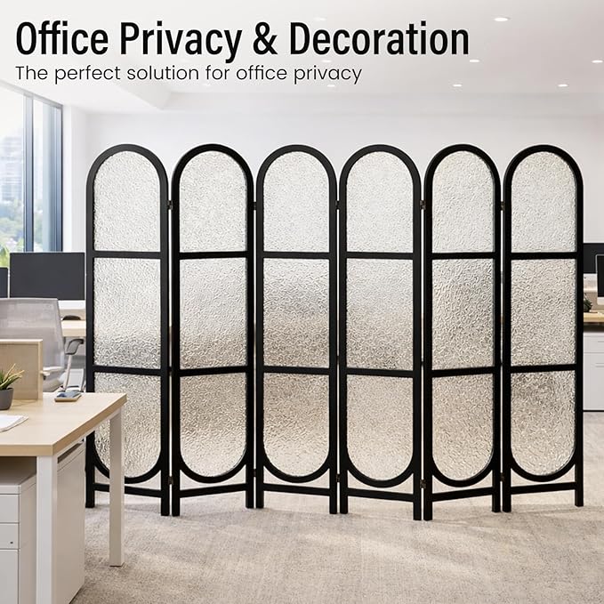 Acrylic Room Divider 6 Panel 67" Tall Arched Room Divider and Privacy Screen with Solid Paulownia Wood Frame, Freestanding Partition Divider for Room Separation, Home, Bedroom - Black