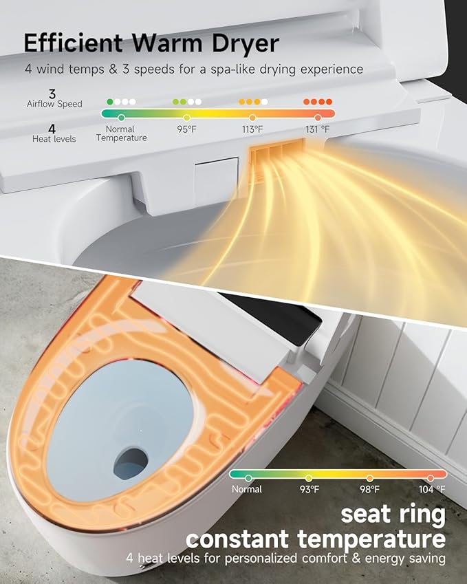 Smart Toilet with Bidet Built In, One Piece Smart Toilet with Auto Open/Close Lid, Powerful Flush, Heated Seat, Warm Water Wash & Dryer, LED Display, Night Light, 1.28 GPF
