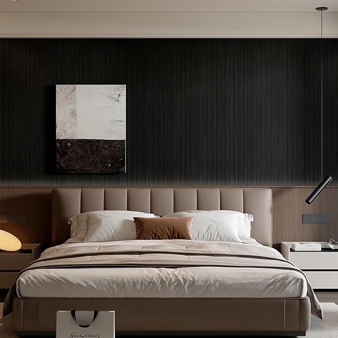 YU LI 3DH Peel and Stick PVC Slat Wall Panel 118"x15.75" Self-Adhesive Thick Faux Black Wood Grain Wallpaper Panel 3D Soundproof Wall Panels for Walls & Ceilings
