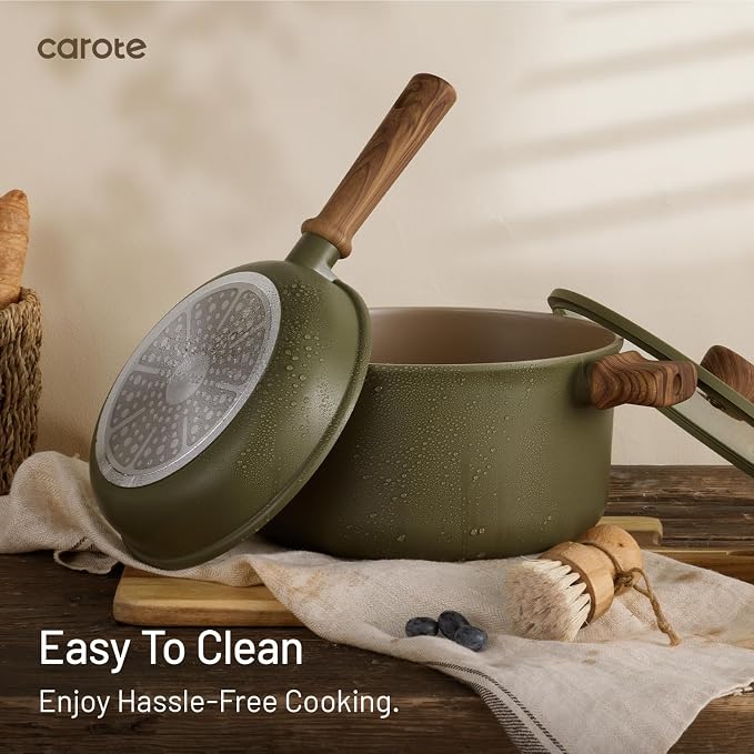 CAROTE 21pcs Ceramic Cookware Set, Pots and Pans Set, Green | Non-Toxic Healthy Kitchen Cooking Set, Easy Clean, Even Heating, Fit All Stovetops, with Silicone Lids, PFAS FREE