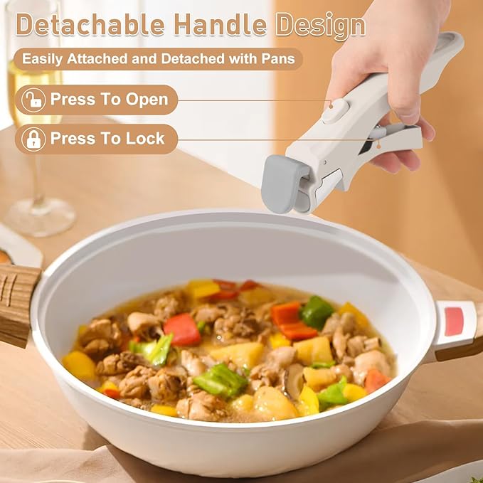 Wayona Removable Handle for Pots and Pans Black - Universal Detachable Pan Handle - Heat-Resistant Plastic, Stainless Steel, Silicone - White Gray
