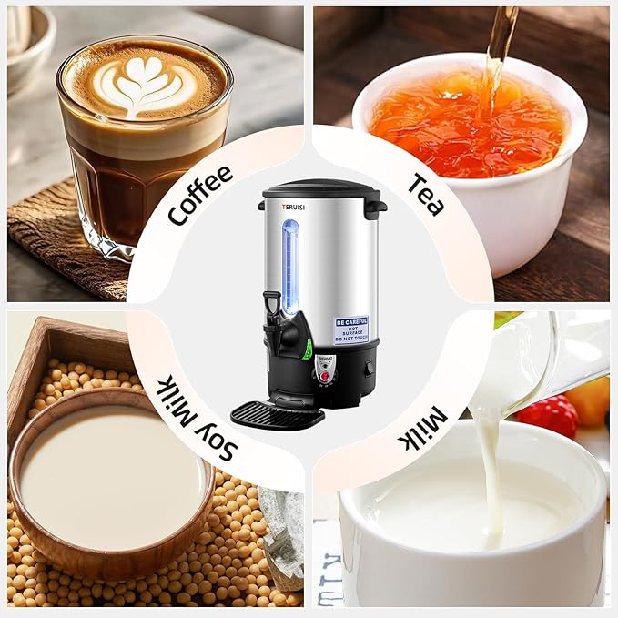 Commercial Coffee Urn, 110 Cup 1300W Hot Water Urn, 16L Large Coffee Maker, Dual Wall Stainless Steel Pot Hot Beverage Dispenser with Filter Basket & Temp Control for Catering, Business, Party