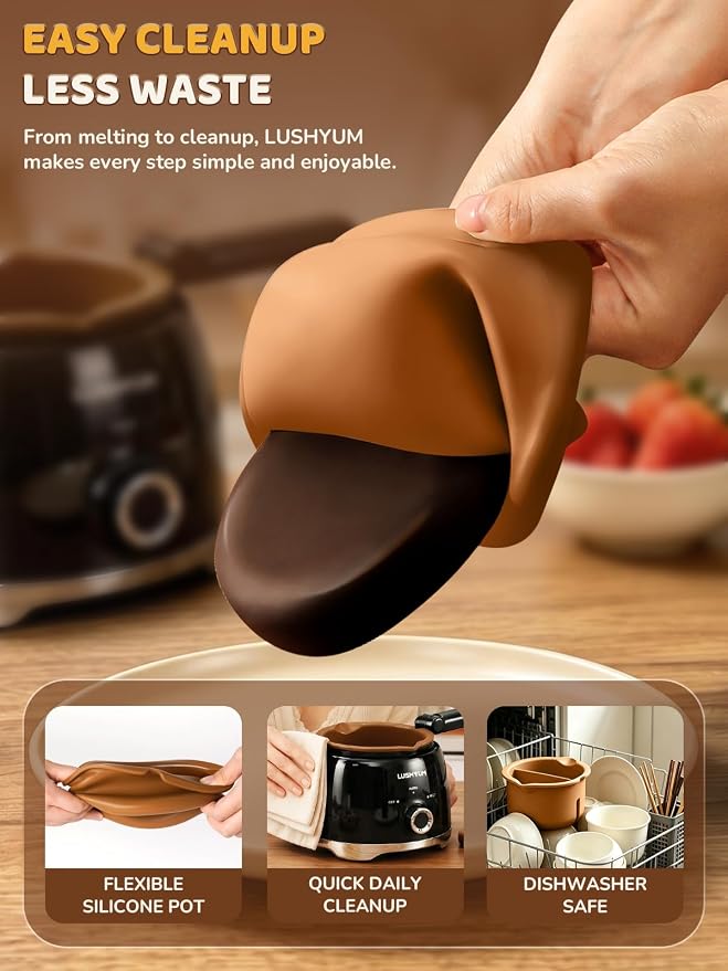 Electric Chocolate Melting Pot with 2 Insert Pots, 4-Cup Chocolate | Even Heating, Fast Melting, BPA-Free Silicone, Easy Clean, Less Waste, Ideal for Chocolate, Candy Melts, Parties, Fondue