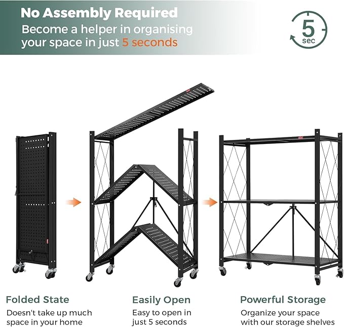 DEANIC 3 Tier Foldable Storage Shelves with Wheels, Kitchen Appliance Stand, Freestanding Metal Wire Shelf Rack, No Assembly Organizer Rolling Cart for Garage, Basement, Pantry (Black)