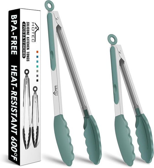 HOTEC Premium Stainless Steel Locking Kitchen Tongs with Silicon Tips, Set of 2-9" and 12",Sage Green