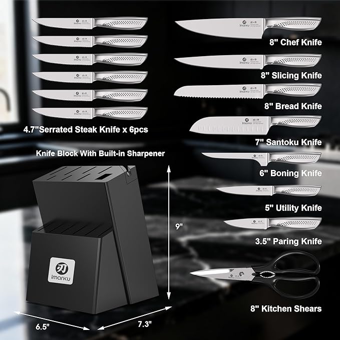imarku 15-Piece Knife Set with Block, High Carbon Stainless Steel Kitchen Knives with Built-in Sharpener, Dishwasher Safe, Ergonomic Non-Slip Handle, Perfect for Home Cooks & Chefs, Black