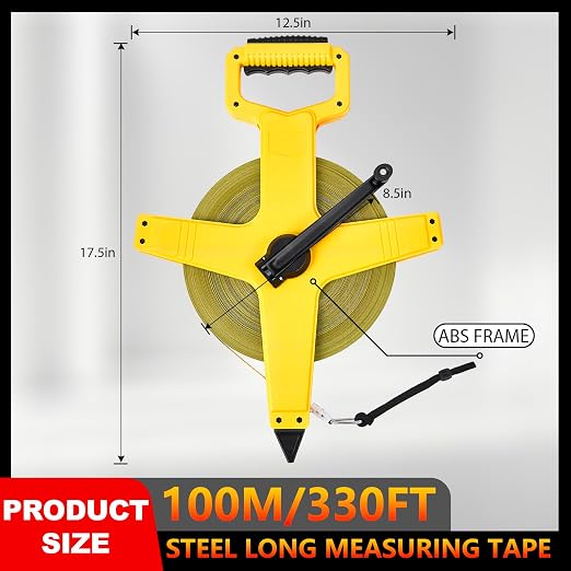 328ft/100m Open Reel Long Tape Measure, 1/2" Nylon-Coated Steel Blade, Dual Inch/Metric Scales, ABS Impact-Resistant Case for Construction, Surveying Light Yellow