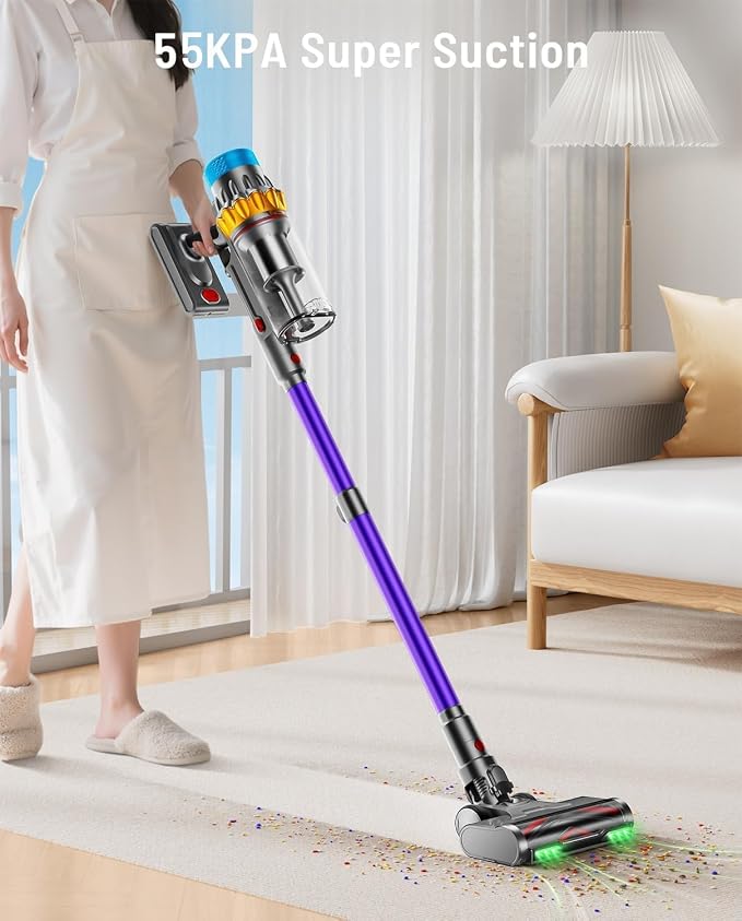 Cordless Vacuum Cleaner, 650W 55KPA 75Min Powerful Vacuum Cleaners for Home, Self-Standing Stick Vacuum Cordless Rechargeable/ Anti-Tangle/OLED Screen/1.8L Cup for Home Pet Hair/Carpet/Hardwood Floor