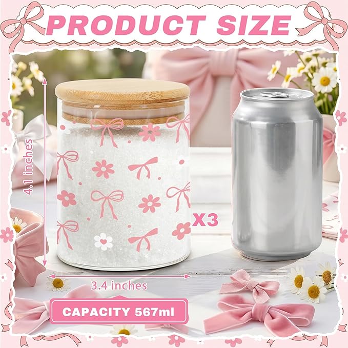 3 Pcs Pink Bow Christian Glass Storage Jars with Airtight Lids Pink Bow Candy Cookie Jars Gift Christian Bible Verse Kitchen Canister Gifts for Women Cute Coquette Religious Kitchen Containers