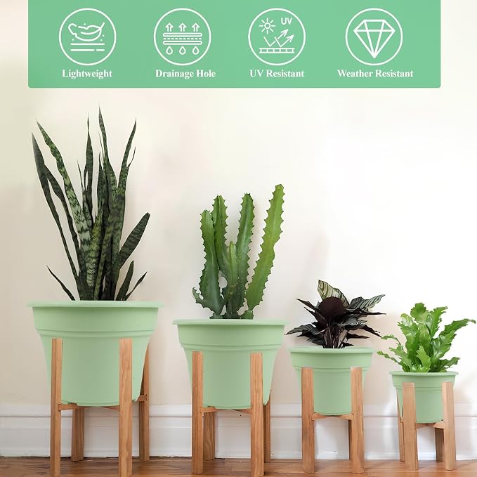 Pottiffe 8 Inch Plastic-Flower Pot-for-Indoor Plants, 4 Pack Large Outdoor Planter Pot with Drainage Holes & Saucers, Resin Decorative Garden Pots Planters
