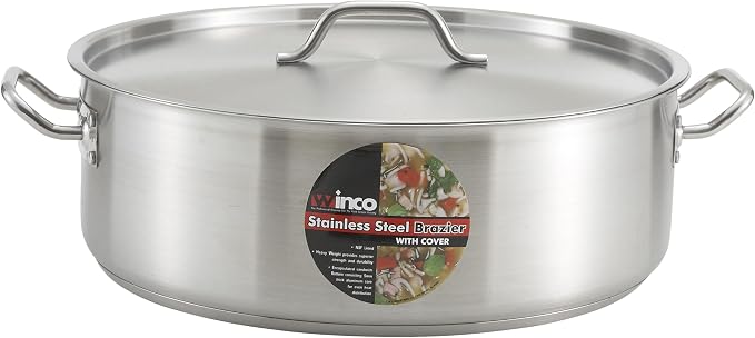 Winware - Stainless Steel 25 Quart Brasier with Cover | Made from extra-heavyweight 6mm thick 3003 aluminum, Great for Braising, Simmering, Batch Cooking and Restaurant Kitchens