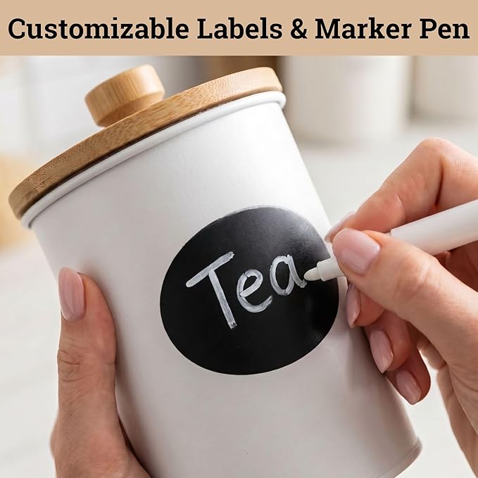 Kitchen Canisters for Countertop Set of 4 with Customizable Chalkboard Labels & Marker Pen - Big Iron Kitchen Canisters with Airtight Lids - White Canister Set - Flour and Sugar Containers Farmhouse