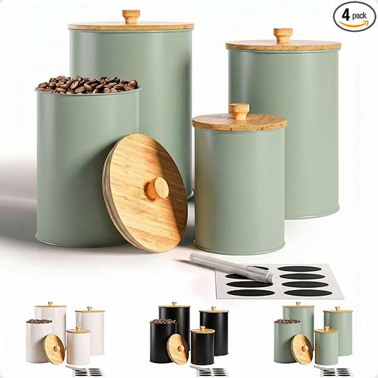 Kitchen Canisters for Countertop Set of 4 with Customizable Chalkboard Labels & Marker Pen - Big Iron Kitchen Canisters with Airtight Lids - Sage Green Canister Set - Flour and Sugar Containers