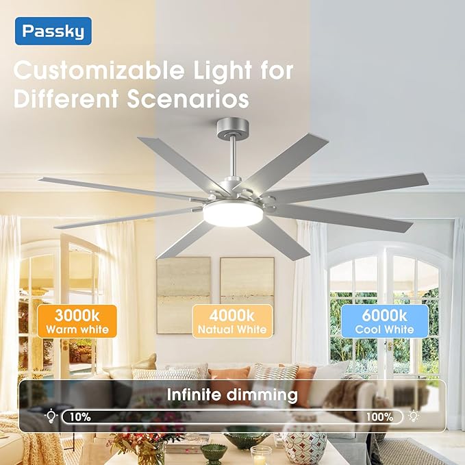 72 inch Ceiling Fans with Lights, Large Modern Ceiling Fan with Light and Remote Control, Reversible, Dimmable, 3CCT, Quiet, Nickel Ceiling fan For Bedroom Living Room Patio Farmhouse, Indoor/Outdoor