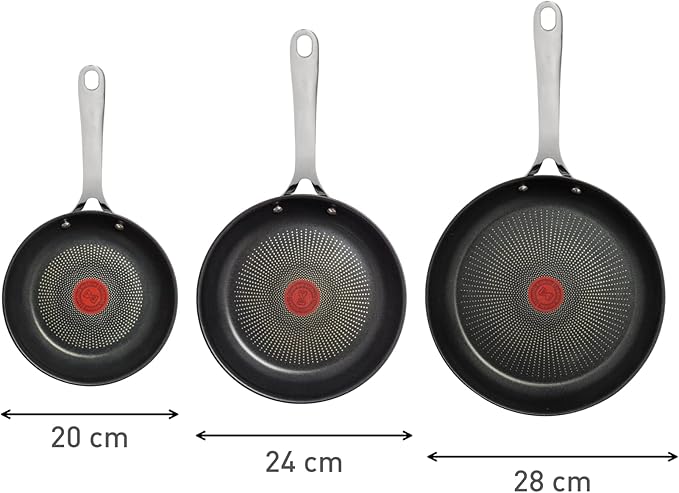 T-Fal Jamie Oliver Cooks Direct, Stainless Steel Non-stick Frying Pan 3 Pcs Set (20/24/28cm) (8/9/11 Inches) with Induction