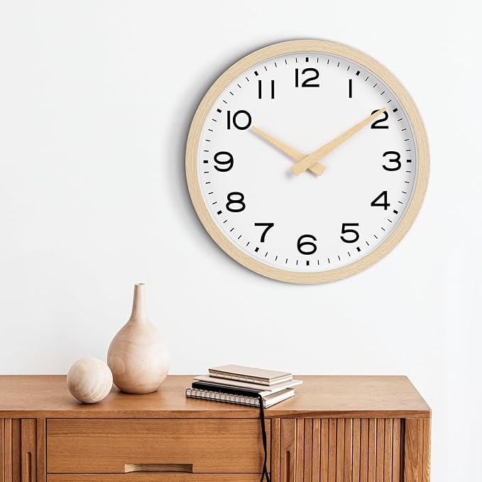 AKCISOT 14 Inch Wall Clock, Battery Operated Analog Clock, Silent Non-Ticking, Ideal for Bedroom, Bathroom, Kitchen, Office and School, Natural