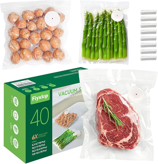 40 Pack Upgraded Reusable Vacuum Sealer Bags for Food, BPA-Free & Extra Thick – Compatible with Handheld Vacuum Sealers, Perfect for Meal Prep, Sous Vide Cooking, Freezer & Microwave