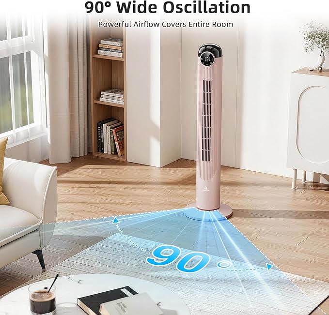 Antarctic Star T36 Tower Fan-36 Inch, Bladeless Oscillating Fan with Remote, 6 Speeds & 4 Modes, LED Display, 9H Timer, Quiet Floor Standing Fan for Bedroom Living Room Office, Pink