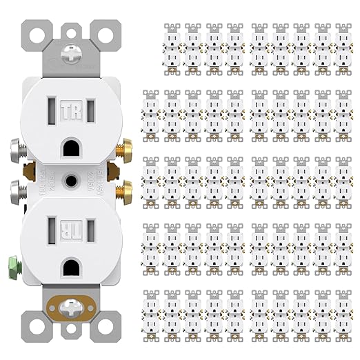 AIDA 50 Pack 15 Amp Outlet Duplex Electrical Receptacle Outlets,Power Outlet,Tamper Resistant,Heavy-Duty Receptacle, 2 Pole,3-Wire, Self-Grounding Clip, NEMA 5-15R,UL Listed,White