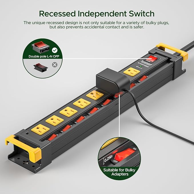 8 Outlet Heavy Duty Power Strip with Individual Switches,3300J Surge Protector Power Strip with 6FT Cord Management, Wide-Spaced, ETL Listed (15A/1875W)
