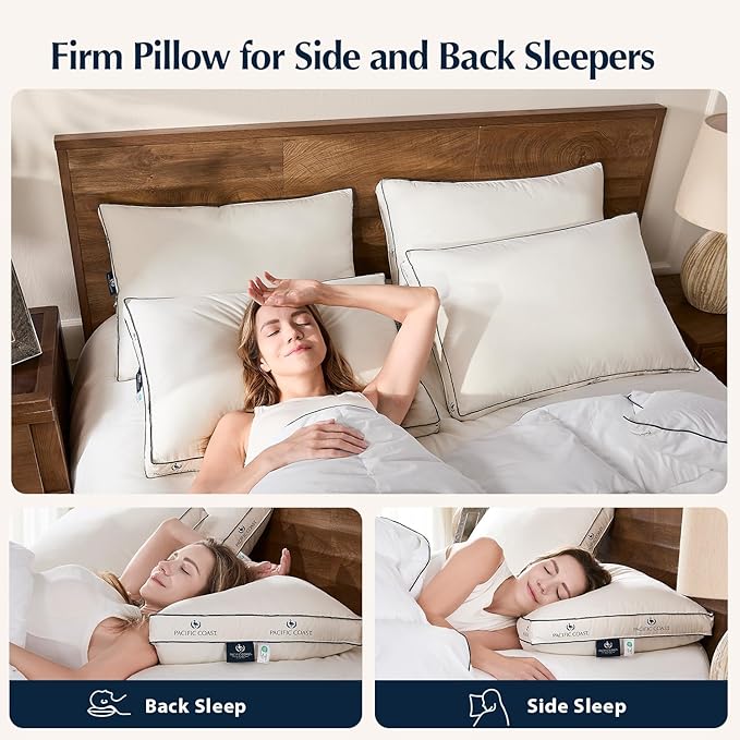 Pacific Coast Goose Firm Bed Pillows of Standard Size, 100% Organic Cotton Cover, Gusseted Design for Sleeping, Feather and Down Pillows of Hotel Collection