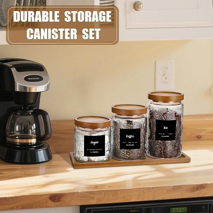 3 Pcs Glass Coffee Container Set with Wooden Lid Spoon Shelf Labels Clear Sugar Tea Airtight Jar Food Storage Canisters Set for Spice Holder Coffee Bar Gifts(Sunflower,16oz,24oz,32oz)