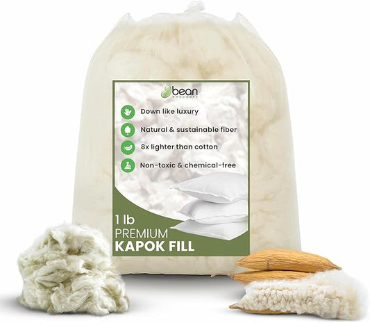 Bean Products Premium Kapok Fill | 1 lbs | 100% Organic Kapok Fiber | Chemical Free and Hypoallergenic | Perfect for Pillows, Pet Beds, Couches & More | Made in USA