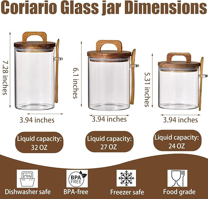 Coriario 27 OZ Glass Jar with Airtight Lid Spoon Clear Glass Coffee Jars Wooden Handle Lids Wide Mouth Glass Storage Canister for Food Candy Kitchen