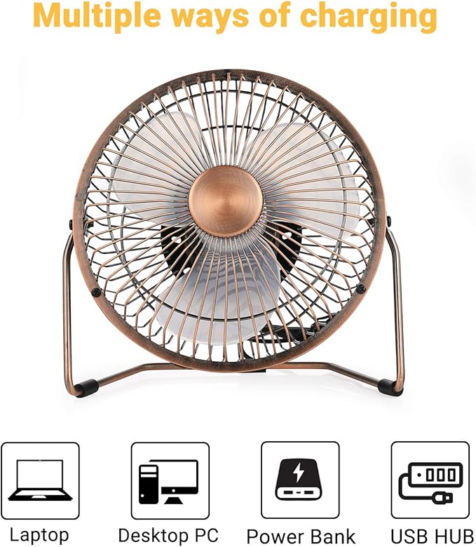 EasyAcc 6 Inch USB Desk Fan, 360°Rotation Small and Quiet,Powerful Portable Strong Airflow,Mini Metal Personal Cooling Fan with 2 Speed for Home Office,Bronze(USB POWERED ONLY)