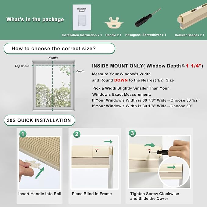 Tonature No Drill Cellular Shades for Indoor Windows, Thermal Insulating & Noise Reducing Honeycomb Blinds, Free Stop Cordless Blackout Shades, Beige,57" W x 64" H